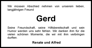 Traueranzeige von Gerd Hinkelmann von Nordwest Zeitung